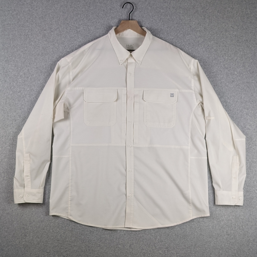 Huk Performance Button Down Fishing Shirt Men's 3XL Ivory Off White Ventilated
